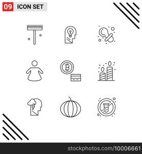 User Interface Pack of 9 Basic Outlines of money, bitcoin, think, woman, nipple Editable Vector Design Elements