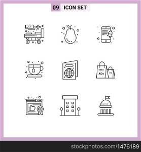 User Interface Pack of 9 Basic Outlines of passport, beach, fresh, coffee, diet Editable Vector Design Elements