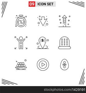 User Interface Pack of 9 Basic Outlines of place, business, fireworks, banking, man Editable Vector Design Elements