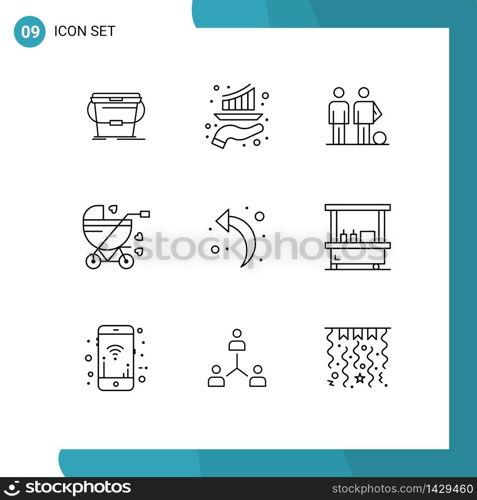 User Interface Pack of 9 Basic Outlines of pram, baby, report, baby carriage, friends Editable Vector Design Elements