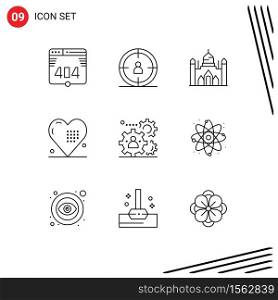 User Interface Pack of 9 Basic Outlines of production, human, dhaka, love, heart Editable Vector Design Elements