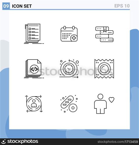 User Interface Pack of 9 Basic Outlines of script, file, day, coding, study Editable Vector Design Elements