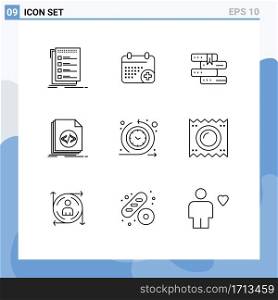 User Interface Pack of 9 Basic Outlines of script, file, day, coding, study Editable Vector Design Elements