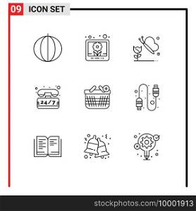 User Interface Pack of 9 Basic Outlines of shopping, basket, butterfly and flower, time, support Editable Vector Design Elements