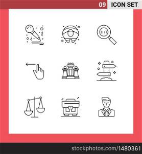 User Interface Pack of 9 Basic Outlines of strategy, chess, code search, left, gestures Editable Vector Design Elements