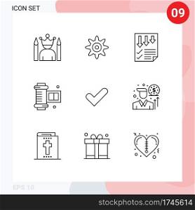 User Interface Pack of 9 Basic Outlines of tick, check, data, camera roll film, ancient camera roll Editable Vector Design Elements