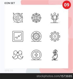 User Interface Pack of 9 Basic Outlines of video, movie, ability, media, analytics Editable Vector Design Elements