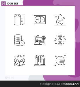 User Interface Pack of 9 Basic Outlines of watch, service, love, security, valentine Editable Vector Design Elements