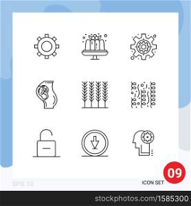 User Interface Pack of 9 Basic Outlines of wheat, cereal, gear, mother, baby Editable Vector Design Elements