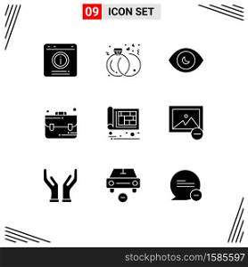 User Interface Pack of 9 Basic Solid Glyphs of building, school, rings, briefcase, view Editable Vector Design Elements