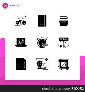 User Interface Pack of 9 Basic Solid Glyphs of camera, laptop, pitch, multimedia, housekeeping Editable Vector Design Elements