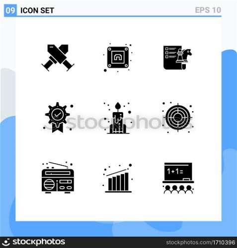 User Interface Pack of 9 Basic Solid Glyphs of chinese, candle, business, medal, badge Editable Vector Design Elements