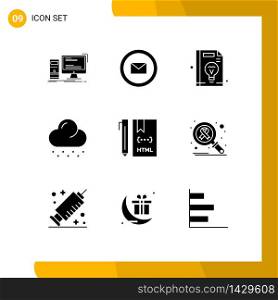 User Interface Pack of 9 Basic Solid Glyphs of coding, weather, web, snow, idea Editable Vector Design Elements