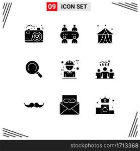 User Interface Pack of 9 Basic Solid Glyphs of concept, builder, entertainment, architecture, magnifier Editable Vector Design Elements