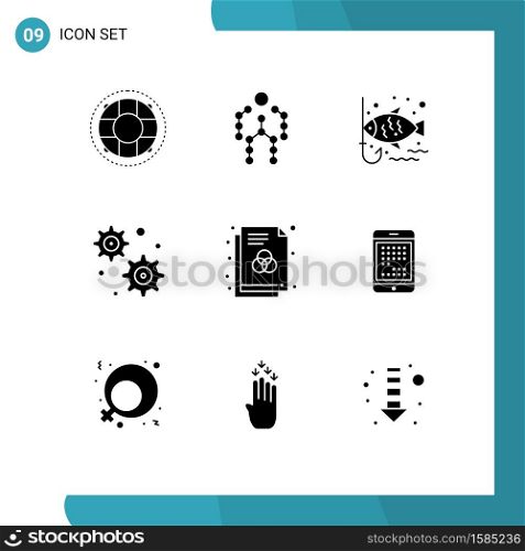 User Interface Pack of 9 Basic Solid Glyphs of format, business, human, gear setting, hook Editable Vector Design Elements