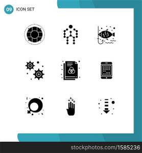 User Interface Pack of 9 Basic Solid Glyphs of format, business, human, gear setting, hook Editable Vector Design Elements