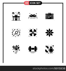 User Interface Pack of 9 Basic Solid Glyphs of health, women, business, power, suitcase Editable Vector Design Elements