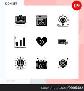 User Interface Pack of 9 Basic Solid Glyphs of heart, love, gear, stats, marketing Editable Vector Design Elements