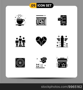 User Interface Pack of 9 Basic Solid Glyphs of heart, podium, mobile, pedestal, receiving sms Editable Vector Design Elements