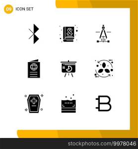 User Interface Pack of 9 Basic Solid Glyphs of presentation, travel, drawing, passport, globe Editable Vector Design Elements