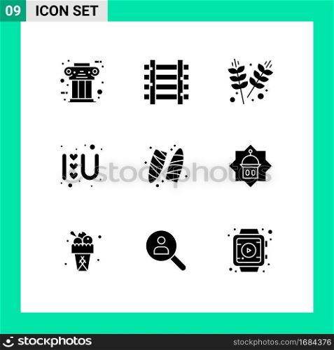 User Interface Pack of 9 Basic Solid Glyphs of recreation, love logo, transportation, heart sign, grains Editable Vector Design Elements