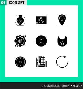 User Interface Pack of 9 Basic Solid Glyphs of symbolism, pisces, holiday, pretty, decorative Editable Vector Design Elements