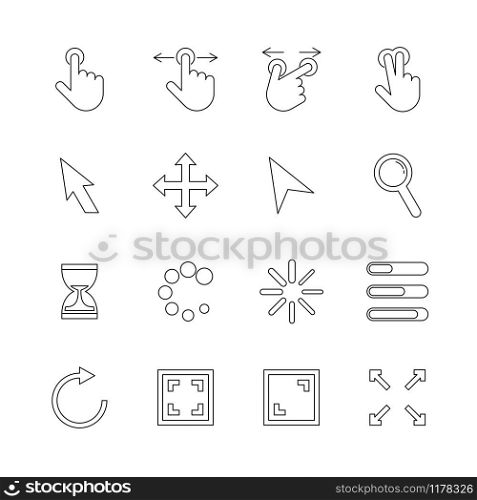User Interface Pointer Line Icon. Contain touch, slide, double tap, click, scale, find. Include wait, loading, refresh, and screen, adjustment. Editable stroke vector.