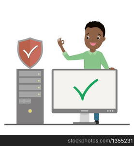 User male and PC computer with security shield,african american man programmer or admin office worker with ok symbol, isolated on white background,flat style design,vector illustration