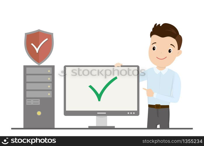 User male and PC computer with security shield,caucasian guy programmer or admin office worker, isolated on white background,simple flat style design,vector illustration