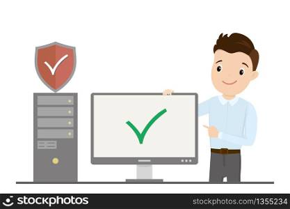 User male and PC computer with security shield,caucasian guy programmer or admin office worker, isolated on white background,simple flat style design,vector illustration