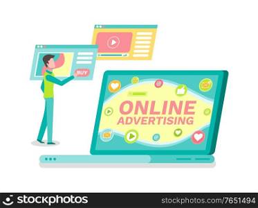 User man browsing web vector. Online advertising and promotion of product, digital marketing, commercial activity of business. Monitor with info page. Online Advertisement, Laptop with Website and User