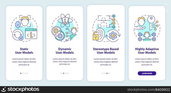 User modeling onboarding mobile app screen. Interaction walkthrough 4 steps editable graphic instructions with linear concepts. UI, UX, GUI template. Myriad Pro-Bold, Regular fonts used. User modeling onboarding mobile app screen