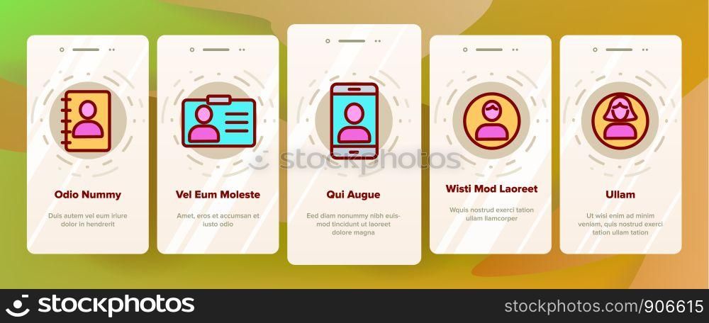User Onboarding Mobile App Page Screen Vector. Management, Human Resource, Business Person And User Linear Pictograms. Smartphone, Badge And Internet Account Profile Contour Illustrations. User Sign Onboarding Vector