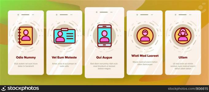 User Onboarding Mobile App Page Screen Vector. Management, Human Resource, Business Person And User Linear Pictograms. Smartphone, Badge And Internet Account Profile Contour Illustrations. User Sign Onboarding Vector