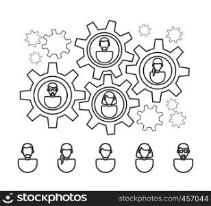 User profile line icons and people gears interaction structure. Vector illustration. User profile line icons