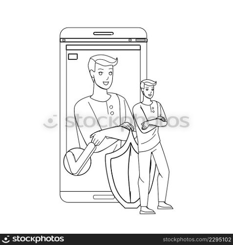 User Profile Security Innovation Technology Black Line Pencil Drawing Vector. Man Smartphone And Social Media Profile Security. Character Boy Identification Protection And Control System Illustration. User Profile Security Innovation Technology Vector