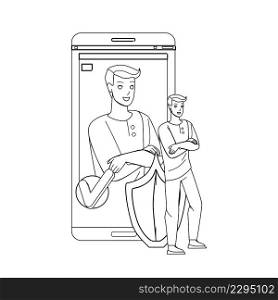 User Profile Security Innovation Technology Black Line Pencil Drawing Vector. Man Smartphone And Social Media Profile Security. Character Boy Identification Protection And Control System Illustration. User Profile Security Innovation Technology Vector