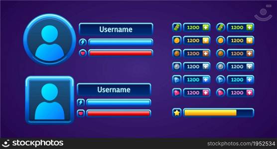 User profile ui game elements with avatar, bars and icons in round and square blue frames. Vector cartoon set of game design interface for display health, power and assets. User profile ui game elements with avatars