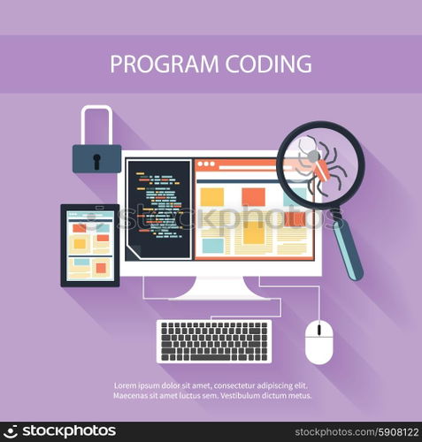 User programming coding in flat design stylish. Icons for application development or software app programming. Web, database, software development