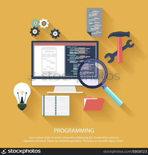 User programming coding in flat design stylish. Icons for application development or software app programming. Web, database, software development