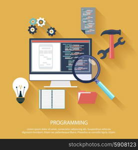 User programming coding in flat design stylish. Icons for application development or software app programming. Web, database, software development
