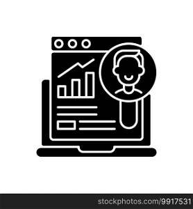 User research black glyph icon. Social media data analysis. Customer information survey. Consumer info examination. User experience. Silhouette symbol on white space. Vector isolated illustration. User research black glyph icon