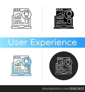 User research icon. Data analysis. Customer information survey. Info examination. Website study. Targeting strategy. User experience. Linear black and RGB color styles. Isolated vector illustrations. User research icon