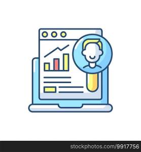 User research RGB color icon. Data analysis. Customer information survey. Consumer info examination. Website study. Market prediction. Targeting strategy. User experience. Isolated vector illustration. User research RGB color icon