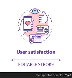 User satisfaction concept icon. App rating. Social media comments and likes. Content sharing idea thin line illustration. Customers feedback. Vector isolated outline drawing. Editable stroke