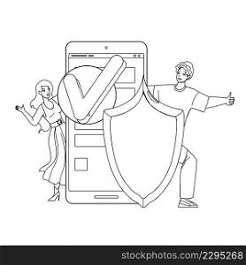 User Security Technology For Safe Info Black Line Pencil Drawing Vector. Happy Man And Woman Gesturing Ok And Approving User Security And Protective System. Characters Protection Digital Information. User Security Technology For Safe Info Vector