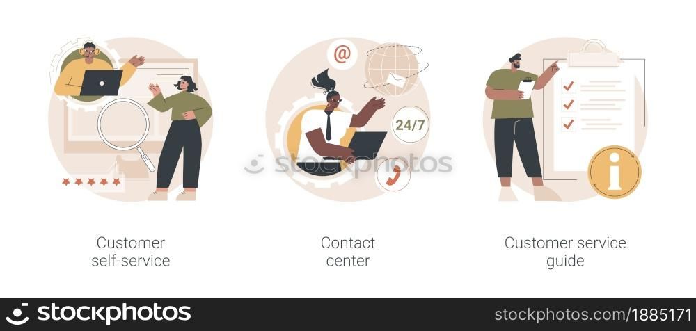 User support abstract concept vector illustration set. Customer self-service, contact center, customer service guide, online assistance, relationship management, training manual abstract metaphor.. User support abstract concept vector illustrations.