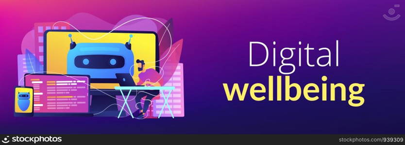 User with computer, laptop and tablet screens with chatbot and digital habits. Digital wellbeing, digital health, device stress managing concept. Header or footer banner template with copy space.. Digital wellbeing concept banner header.