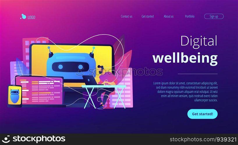 User with computer, laptop and tablet screens with chatbot and digital habits. Digital wellbeing, digital health, device stress managing concept. Website vibrant violet landing web page template.. Digital wellbeing concept landing page.