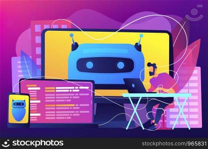 User with computer, laptop and tablet screens with chatbot and digital habits. Digital wellbeing, digital health, device stress managing concept. Bright vibrant violet vector isolated illustration. Digital wellbeing concept vector illustration.